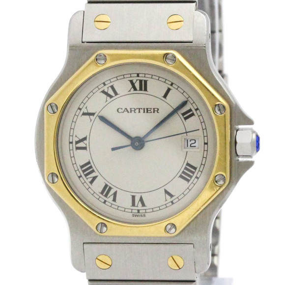 CARTIER Santos Octagon 18K Gold Steel Mid Size Watch 187902 Polished - Picture 1 of 8